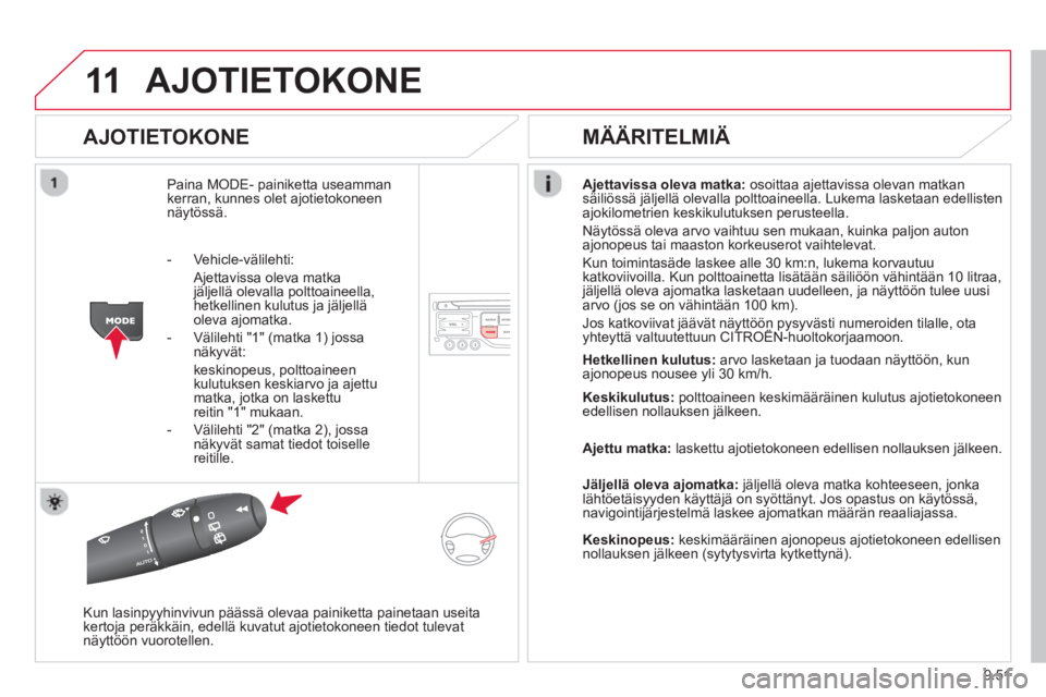 CITROEN BERLINGO ELECTRIC 2015  Omistajan Käsikirjat (in Finnish) 9.51
11AJOTIETOKONE 
   
AJOTIETOKONE 
Paina MODE- painiketta useamman kerran, kunnes olet ajotietokoneen 
näytössä.A
jettavissa oleva matka:osoittaa ajettavissa olevan matkan säiliössä jäljell