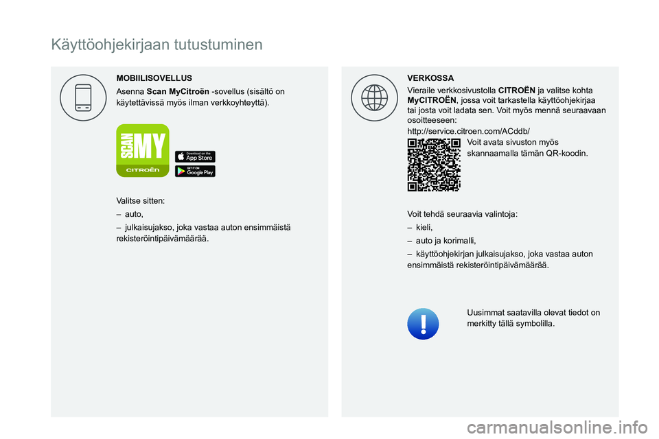 CITROEN BERLINGO VAN 2021  Omistajan Käsikirjat (in Finnish)  
  
 
 
 
 
 
 
   
Käyttöohjekirjaan tutustuminen
MOBIILISOVELLUS
Asenna  Scan MyCitro\353n   -sovellus   (sisältö on 
käytettävissä myös ilman verkkoyhteyttä). VERKOSSA
Vieraile verkkosivu