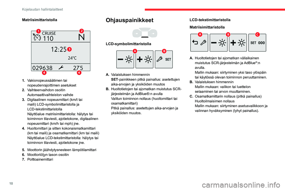 CITROEN BERLINGO VAN 2021 Omistajan Käsikirjat (in Finnish) 10
Kojelaudan hallintalaitteet
Kierroslukumittari
Kierroslukumittari (x 1000 r/min).
Varoitus- ja merkkivalot
Symboleina esitetyt varoitus- ja merkkivalot
varoittavat kuljettajaa toimintahäir CITROEN BERLINGO VAN 2021 Omistajan Käsikirjat (in Finnish) 10
Kojelaudan hallintalaitteet
Kierroslukumittari
Kierroslukumittari (x 1000 r/min).
Varoitus- ja merkkivalot
Symboleina esitetyt varoitus- ja merkkivalot
varoittavat kuljettajaa toimintahäir