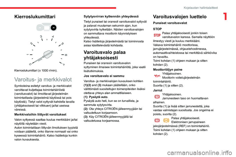 CITROEN BERLINGO VAN 2021 Omistajan Käsikirjat (in Finnish) 11
Kojelaudan hallintalaitteet
1Kierroslukumittari
Kierroslukumittari (x 1000 r/min).
Varoitus- ja merkkivalot
Symboleina esitetyt varoitus- ja merkkivalot
varoittavat kuljettajaa toimintahäi CITROEN BERLINGO VAN 2021 Omistajan Käsikirjat (in Finnish) 11
Kojelaudan hallintalaitteet
1Kierroslukumittari
Kierroslukumittari (x 1000 r/min).
Varoitus- ja merkkivalot
Symboleina esitetyt varoitus- ja merkkivalot
varoittavat kuljettajaa toimintahäi