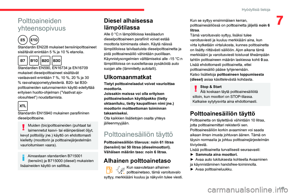CITROEN BERLINGO VAN 2021  Omistajan Käsikirjat (in Finnish)  
 
141
Hyödyllisiä tietoja
7Polttoaineiden 
yhteensopivuus
  
Standardin EN228 mukaiset bensiinipolttoaineet 
sisältävät enintään 5 % ja 10 % etanolia.
  
Standardien EN590, EN16734 ja EN16709