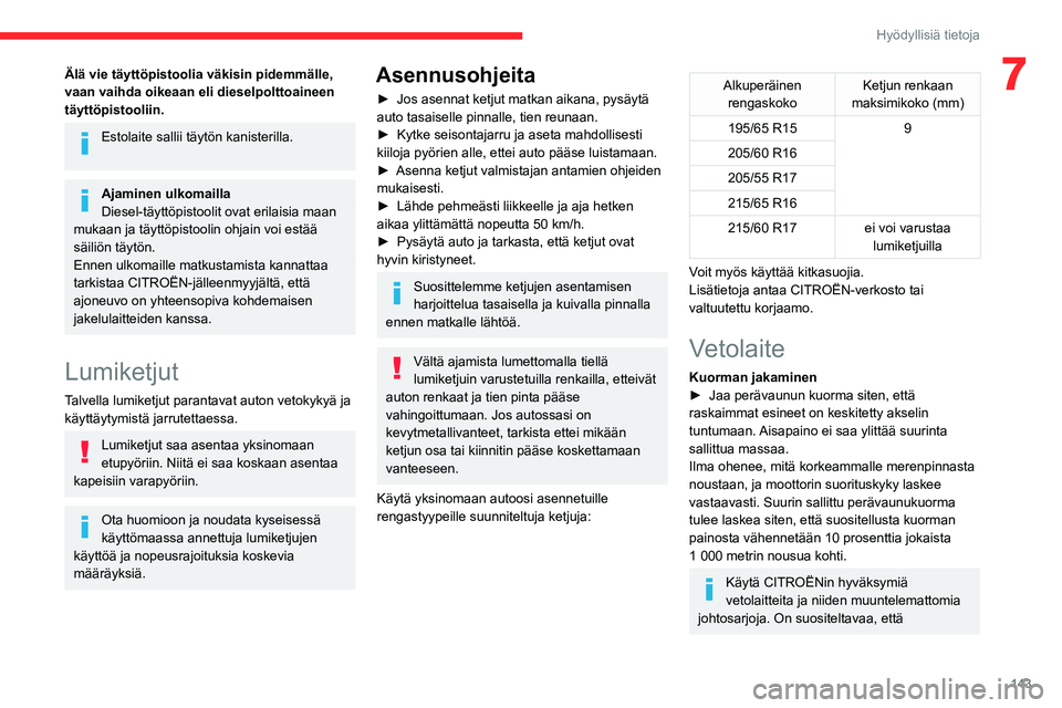 CITROEN BERLINGO VAN 2021  Omistajan Käsikirjat (in Finnish) 143
Hyödyllisiä tietoja
7Älä vie täyttöpistoolia väkisin pidemmälle, 
vaan vaihda oikeaan eli dieselpolttoaineen 
täyttöpistooliin.
Estolaite sallii täytön kanisterilla. 
Ajaminen ulkomail