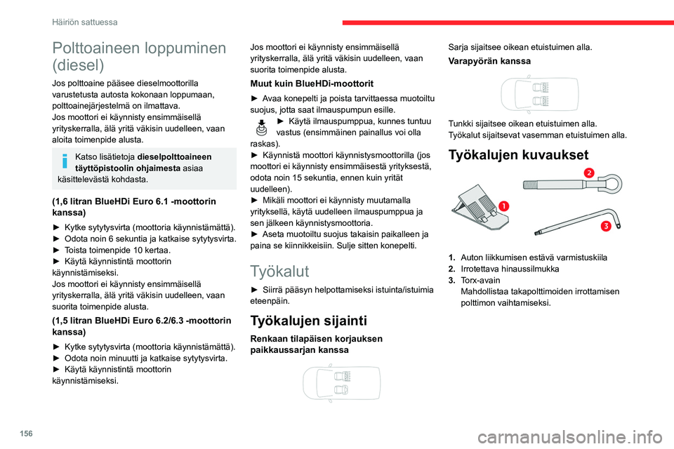 CITROEN BERLINGO VAN 2021  Omistajan Käsikirjat (in Finnish) 156
Häiriön sattuessa
Polttoaineen loppuminen 
(diesel)
Jos polttoaine pääsee dieselmoottorilla 
varustetusta autosta kokonaan loppumaan, 
polttoainejärjestelmä on ilmattava.
Jos moottori ei kä