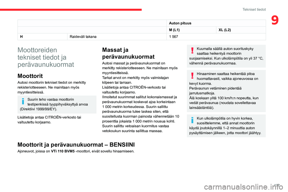 CITROEN BERLINGO VAN 2021  Omistajan Käsikirjat (in Finnish) 177
Tekniset tiedot
9Auton pituus
M (L1)XL (L2)
H Raideväli takana 1 567
Moottoreiden 
tekniset tiedot ja 
perävaunukuormat
Moottorit
Autosi moottorin tekniset tiedot on merkitty 
rekisteriotteeseen