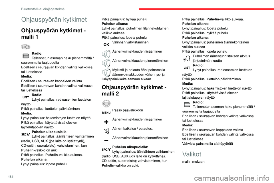 CITROEN BERLINGO VAN 2021  Omistajan Käsikirjat (in Finnish) 184
Bluetooth®-audiojärjestelmä
Multimedia : median, ja radion parametrit 
Puhelin: soittaminen, hakemiston hallinta, 
puhelimen hallinta, puhelun lopettaminen
Ajotietokone 
Huolto: Diagnostiikka, 