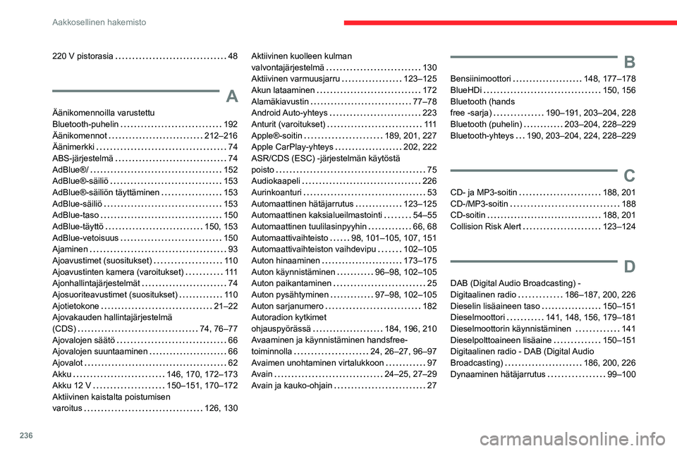 CITROEN BERLINGO VAN 2021 Omistajan Käsikirjat (in Finnish) 236
Aakkosellinen hakemisto
220 V pistorasia 48
A
Äänikomennoilla varustettu
Bluetooth-puhelin
192
Äänikomennot
212–216
Äänimerkki
74
ABS-järjestelmä
74
AdBlue®/
CITROEN BERLINGO VAN 2021 Omistajan Käsikirjat (in Finnish) 236
Aakkosellinen hakemisto
220 V pistorasia 48
A
Äänikomennoilla varustettu
Bluetooth-puhelin
192
Äänikomennot
212–216
Äänimerkki
74
ABS-järjestelmä
74
AdBlue®/