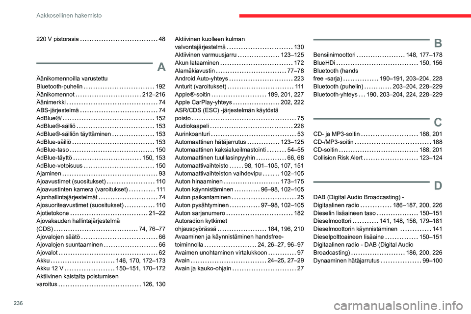 CITROEN BERLINGO VAN 2021  Omistajan Käsikirjat (in Finnish) 236
Aakkosellinen hakemisto
220 V pistorasia     48
A
Äänikomennoilla varustettu  
Bluetooth-puhelin
    
192
Äänikomennot
    
212–216
Äänimerkki
    
74
ABS-järjestelmä
    
74
AdBlue®/
 