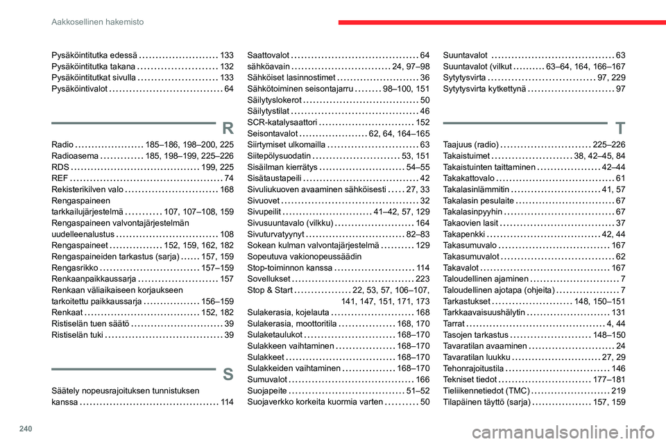 CITROEN BERLINGO VAN 2021  Omistajan Käsikirjat (in Finnish) 240
Aakkosellinen hakemisto
Pysäköintitutka edessä     133
Pysäköintitutka takana     
132
Pysäköintitutkat sivulla
    
133
Pysäköintivalot
    
64
R
Radio     185–186, 198–200, 225
Radi