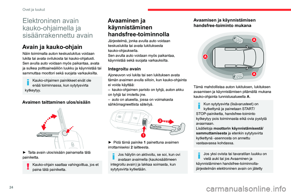 CITROEN BERLINGO VAN 2021 Omistajan Käsikirjat (in Finnish) 24
Ovet ja luukut
Elektroninen avain
kauko-ohjaimella ja
sisäänrakennettu avain
Avain ja kauko-ohjain
Näin toimimalla auton keskuslukitus voidaan
lukita tai avata ovilukosta tai kauko-ohjatusti. CITROEN BERLINGO VAN 2021 Omistajan Käsikirjat (in Finnish) 24
Ovet ja luukut
Elektroninen avain
kauko-ohjaimella ja
sisäänrakennettu avain
Avain ja kauko-ohjain
Näin toimimalla auton keskuslukitus voidaan
lukita tai avata ovilukosta tai kauko-ohjatusti.