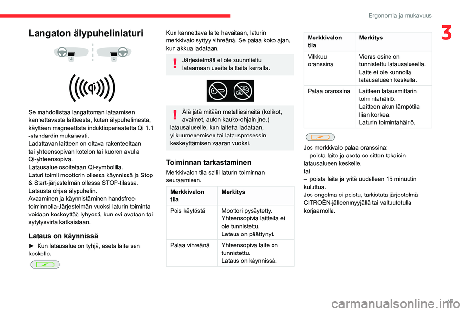 CITROEN BERLINGO VAN 2021 Omistajan Käsikirjat (in Finnish) 49
Ergonomia ja mukavuus
3Langaton älypuhelinlaturi
Se mahdollistaa langattoman lataamisen
kannettavasta laitteesta, kuten älypuhelimesta,
käyttäen magneettista induktioperiaatetta Qi 1.1 CITROEN BERLINGO VAN 2021 Omistajan Käsikirjat (in Finnish) 49
Ergonomia ja mukavuus
3Langaton älypuhelinlaturi
Se mahdollistaa langattoman lataamisen
kannettavasta laitteesta, kuten älypuhelimesta,
käyttäen magneettista induktioperiaatetta Qi 1.1
