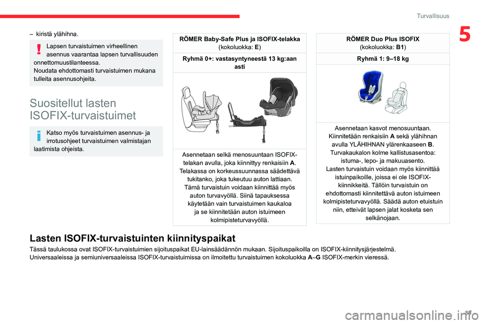 CITROEN BERLINGO VAN 2021 Omistajan Käsikirjat (in Finnish) 89
Turvallisuus
5– kiristä ylähihna.
Lapsen turvaistuimen virheellinen
asennus vaarantaa lapsen turvallisuuden
onnettomuustilanteessa.
Noudata ehdottomasti turvaistuimen mukana
tulleita asennus CITROEN BERLINGO VAN 2021 Omistajan Käsikirjat (in Finnish) 89
Turvallisuus
5– kiristä ylähihna.
Lapsen turvaistuimen virheellinen
asennus vaarantaa lapsen turvallisuuden
onnettomuustilanteessa.
Noudata ehdottomasti turvaistuimen mukana
tulleita asennus