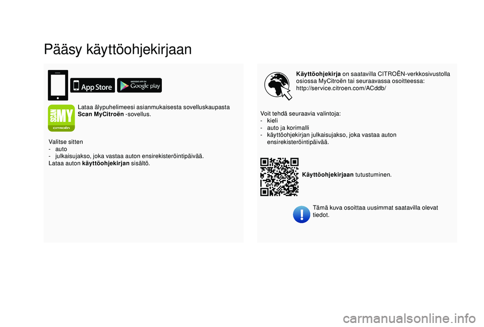 CITROEN BERLINGO VAN 2019 Omistajan Käsikirjat (in Finnish) Pääsy käyttöohjekirjaan
Käyttöohjekirja on saatavilla CITROËN-verkkosivustolla
osiossa MyCitroën tai seuraavassa osoitteessa:
http://service.citroen.com/ACddb/
Käyttöohjekirjaan tutustumin CITROEN BERLINGO VAN 2019 Omistajan Käsikirjat (in Finnish) Pääsy käyttöohjekirjaan
Käyttöohjekirja on saatavilla CITROËN-verkkosivustolla
osiossa MyCitroën tai seuraavassa osoitteessa:
http://service.citroen.com/ACddb/
Käyttöohjekirjaan tutustumin