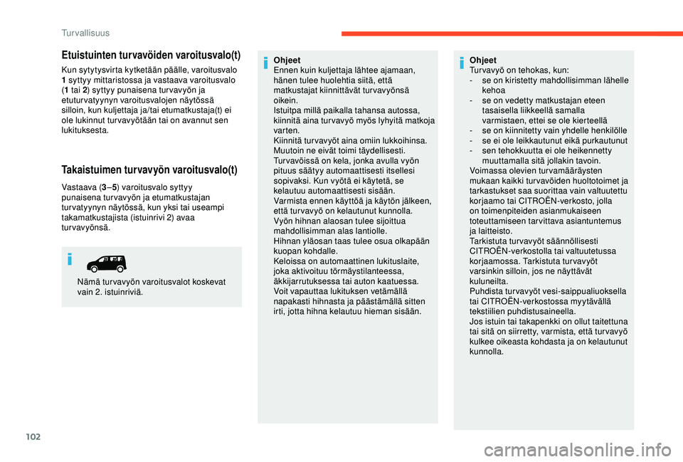 CITROEN BERLINGO VAN 2019  Omistajan Käsikirjat (in Finnish) 102
Etuistuinten turvavöiden varoitusvalo(t)
Kun sytytysvirta kytketään päälle, varoitusvalo 
1 syttyy mittaristossa ja vastaava varoitusvalo 
(1 tai 2 ) syttyy punaisena tur vavyön ja 
etuturva