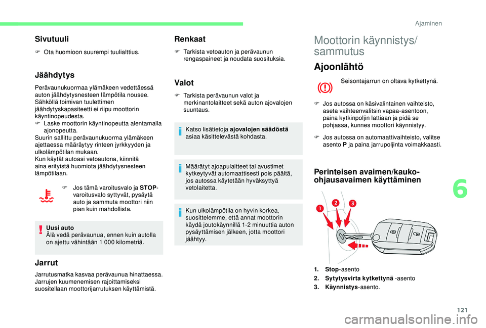 CITROEN BERLINGO VAN 2019 Omistajan Käsikirjat (in Finnish) 121
Sivutuuli
F Ota huomioon suurempi tuulialttius.
Jäähdytys
Perävaunukuormaa ylämäkeen vedettäessä
auton jäähdytysnesteen lämpötila nousee.
Sähköllä toimivan tuulettimen
jäähdytysk CITROEN BERLINGO VAN 2019 Omistajan Käsikirjat (in Finnish) 121
Sivutuuli
F Ota huomioon suurempi tuulialttius.
Jäähdytys
Perävaunukuormaa ylämäkeen vedettäessä
auton jäähdytysnesteen lämpötila nousee.
Sähköllä toimivan tuulettimen
jäähdytysk