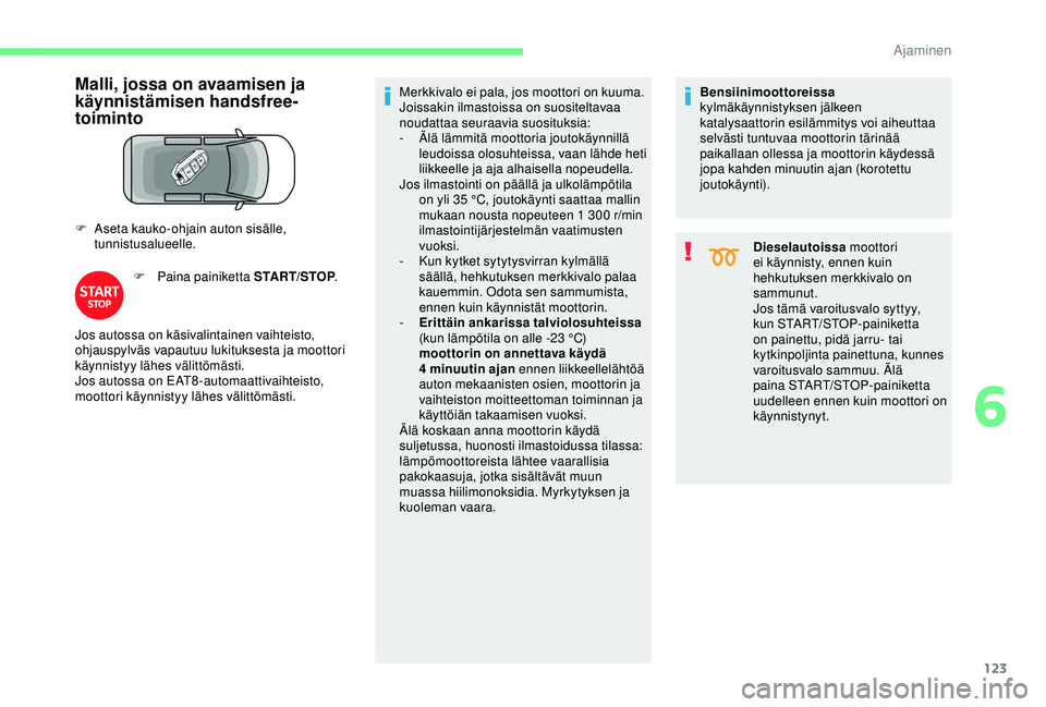CITROEN BERLINGO VAN 2019 Omistajan Käsikirjat (in Finnish) 123
Malli, jossa on avaamisen ja
käynnistämisen handsfree-
toiminto
F Aseta kauko-ohjain auton sisälle, tunnistusalueelle.
F
P
aina painiketta START/STOP .Merkkivalo ei pala, jos moottori on ku CITROEN BERLINGO VAN 2019 Omistajan Käsikirjat (in Finnish) 123
Malli, jossa on avaamisen ja
käynnistämisen handsfree-
toiminto
F Aseta kauko-ohjain auton sisälle, tunnistusalueelle.
F
P
aina painiketta START/STOP .Merkkivalo ei pala, jos moottori on ku