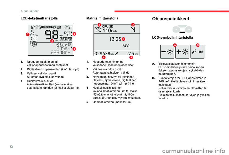 CITROEN BERLINGO VAN 2019 Omistajan Käsikirjat (in Finnish) 12
LCD-tekstimittaristolla
1.Nopeudenrajoittimen tai
vakionopeussäätimen asetukset
2. Digitaalinen nopeusmittari (km/h tai mph)
3. Vaihteenvaihdon osoitin
Automaattivaihteiston vaihde
4 Huoltoilmai CITROEN BERLINGO VAN 2019 Omistajan Käsikirjat (in Finnish) 12
LCD-tekstimittaristolla
1.Nopeudenrajoittimen tai
vakionopeussäätimen asetukset
2. Digitaalinen nopeusmittari (km/h tai mph)
3. Vaihteenvaihdon osoitin
Automaattivaihteiston vaihde
4 Huoltoilmai