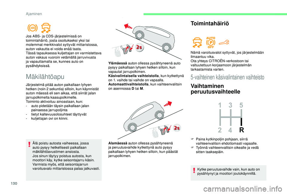 CITROEN BERLINGO VAN 2019 Omistajan Käsikirjat (in Finnish) 130
Mäkilähtöapu
Järjestelmä pitää auton paikallaan lyhyen
hetken (noin 2 sekuntia) silloin, kun käynnistät
auton mäessä eli sen aikaa, että siirrät jalan
jarrupolkimelta kaasupolkime CITROEN BERLINGO VAN 2019 Omistajan Käsikirjat (in Finnish) 130
Mäkilähtöapu
Järjestelmä pitää auton paikallaan lyhyen
hetken (noin 2 sekuntia) silloin, kun käynnistät
auton mäessä eli sen aikaa, että siirrät jalan
jarrupolkimelta kaasupolkime