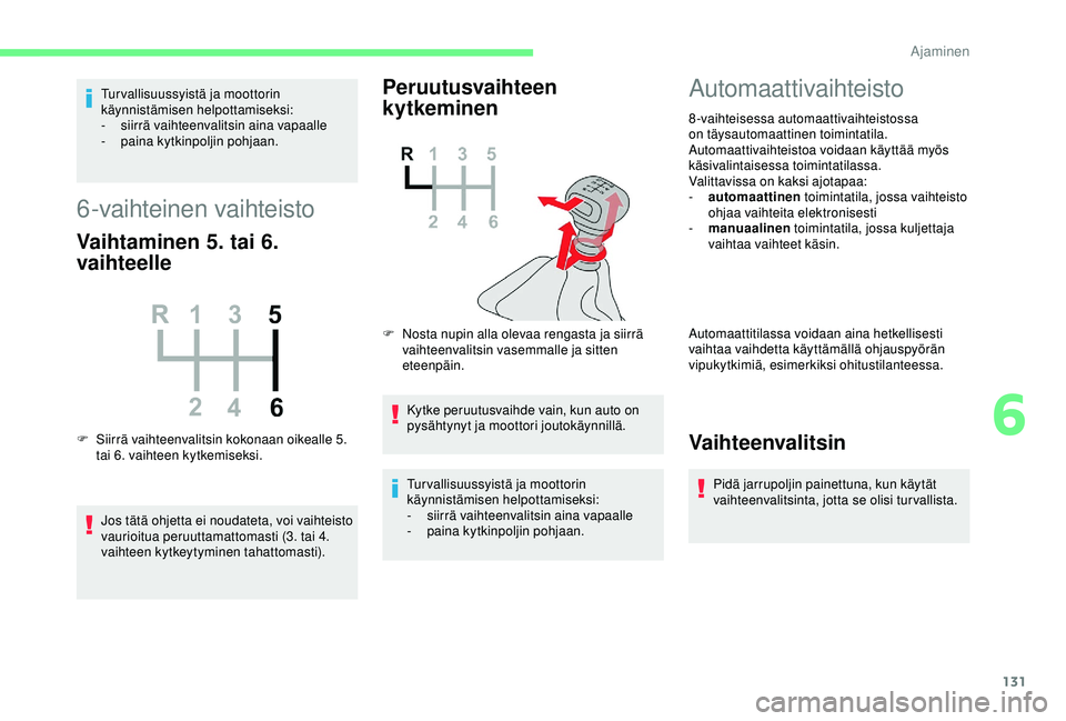 CITROEN BERLINGO VAN 2019 Omistajan Käsikirjat (in Finnish) 131
Tur vallisuussyistä ja moottorin
käynnistämisen helpottamiseksi:
-
s
iirrä vaihteenvalitsin aina vapaalle
-
pa
ina kytkinpoljin pohjaan.
6-vaihteinen vaihteisto
Vaihtaminen 5. tai 6.
vaih CITROEN BERLINGO VAN 2019 Omistajan Käsikirjat (in Finnish) 131
Tur vallisuussyistä ja moottorin
käynnistämisen helpottamiseksi:
-
s
iirrä vaihteenvalitsin aina vapaalle
-
pa
ina kytkinpoljin pohjaan.
6-vaihteinen vaihteisto
Vaihtaminen 5. tai 6.
vaih