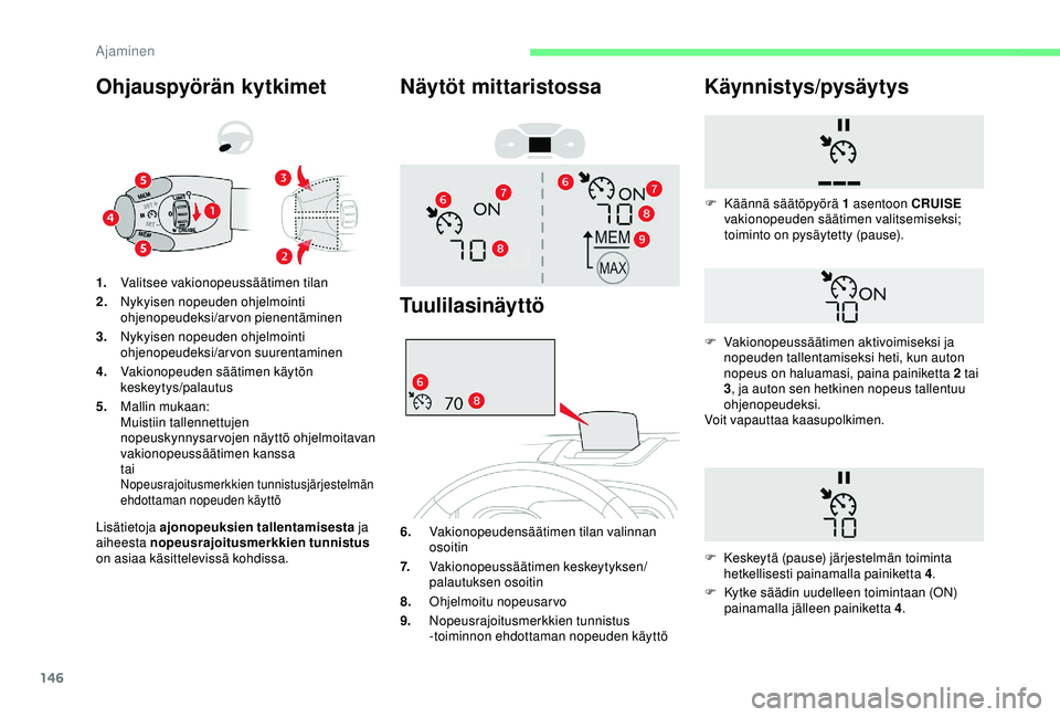 CITROEN BERLINGO VAN 2019  Omistajan Käsikirjat (in Finnish) 146
Ohjauspyörän kytkimet
Lisätietoja ajonopeuksien tallentamisesta ja 
aiheesta nopeusrajoitusmerkkien tunnistus  
on asiaa käsittelevissä kohdissa. 1. Valitsee vakionopeussäätimen tilan
2. Ny
