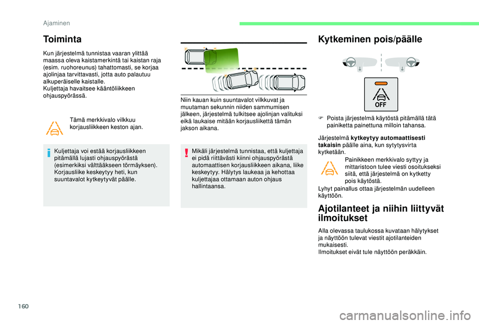 CITROEN BERLINGO VAN 2019  Omistajan Käsikirjat (in Finnish) 160
To i m i n t a
Kun järjestelmä tunnistaa vaaran ylittää 
maassa oleva kaistamerkintä tai kaistan raja 
(esim. ruohoreunus) tahattomasti, se korjaa 
ajolinjaa tarvittavasti, jotta auto palautu