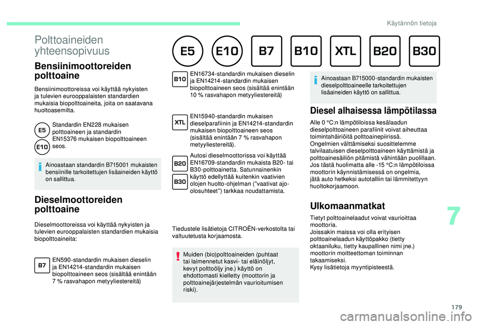 CITROEN BERLINGO VAN 2019 Omistajan Käsikirjat (in Finnish) 179
Polttoaineiden
yhteensopivuus
Bensiinimoottoreiden
polttoaine
Bensiinimoottoreissa voi käyttää nykyisten
ja tulevien eurooppalaisten standardien
mukaisia biopolttoaineita, joita on saatava CITROEN BERLINGO VAN 2019 Omistajan Käsikirjat (in Finnish) 179
Polttoaineiden
yhteensopivuus
Bensiinimoottoreiden
polttoaine
Bensiinimoottoreissa voi käyttää nykyisten
ja tulevien eurooppalaisten standardien
mukaisia biopolttoaineita, joita on saatava