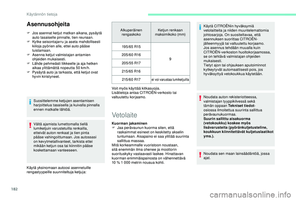 CITROEN BERLINGO VAN 2019 Omistajan Käsikirjat (in Finnish) 182
Asennusohjeita
F Jos asennat ketjut matkan aikana, pysäytä auto tasaiselle pinnalle, tien reunaan.
F
K
ytke seisontajarru ja aseta mahdollisesti
kiiloja pyörien alle, ettei auto pääse
lu CITROEN BERLINGO VAN 2019 Omistajan Käsikirjat (in Finnish) 182
Asennusohjeita
F Jos asennat ketjut matkan aikana, pysäytä auto tasaiselle pinnalle, tien reunaan.
F
K
ytke seisontajarru ja aseta mahdollisesti
kiiloja pyörien alle, ettei auto pääse
lu