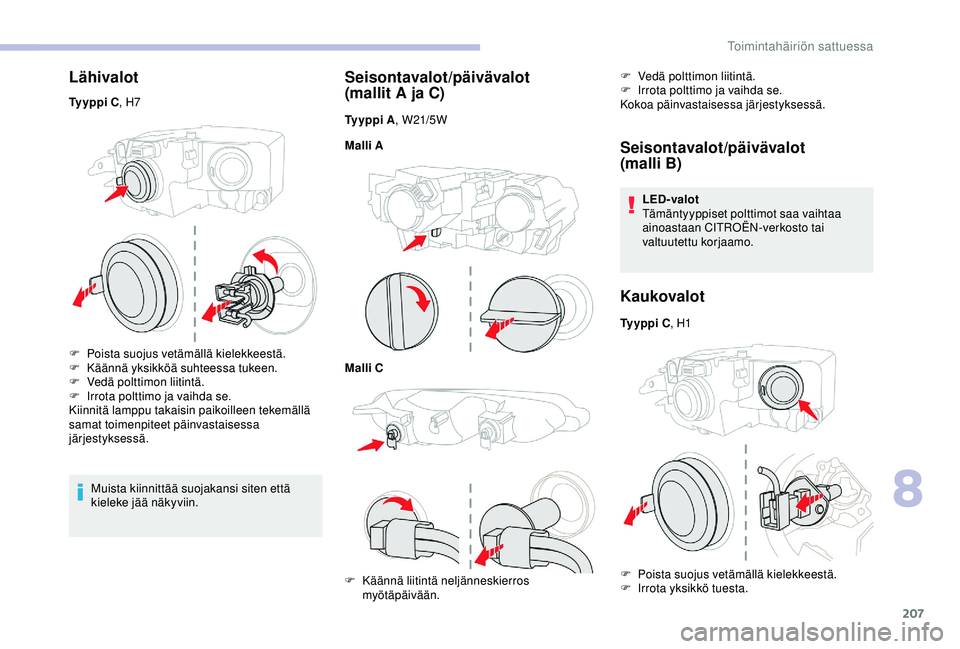 CITROEN BERLINGO VAN 2019 Omistajan Käsikirjat (in Finnish) 207
Lähivalot
Ty y p p i C, H7
F
P
oista suojus vetämällä kielekkeestä.
F
K
äännä yksikköä suhteessa tukeen.
F
V
edä polttimon liitintä.
F
I
rrota polttimo ja vaihda se.
Kiinn CITROEN BERLINGO VAN 2019 Omistajan Käsikirjat (in Finnish) 207
Lähivalot
Ty y p p i C, H7
F
P
oista suojus vetämällä kielekkeestä.
F
K
äännä yksikköä suhteessa tukeen.
F
V
edä polttimon liitintä.
F
I
rrota polttimo ja vaihda se.
Kiinn
