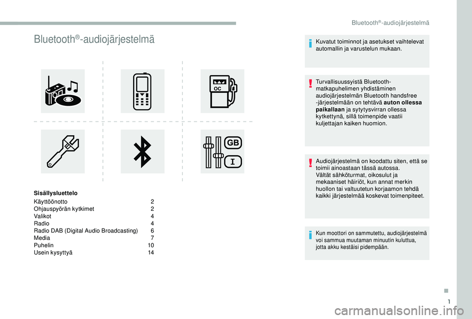 CITROEN BERLINGO VAN 2019 Omistajan Käsikirjat (in Finnish) 1
Bluetooth®-audiojärjestelmä
Sisällysluettelo
Käyttöönotto
2
O
hjauspyörän kytkimet
2
V
alikot
4
R
adio 4
Radio DAB (Digital Audio Broadcasting)
6
M
edia 7
Puhelin
10
Usein k CITROEN BERLINGO VAN 2019 Omistajan Käsikirjat (in Finnish) 1
Bluetooth®-audiojärjestelmä
Sisällysluettelo
Käyttöönotto
2
O
hjauspyörän kytkimet
2
V
alikot
4
R
adio 4
Radio DAB (Digital Audio Broadcasting)
6
M
edia 7
Puhelin
10
Usein k