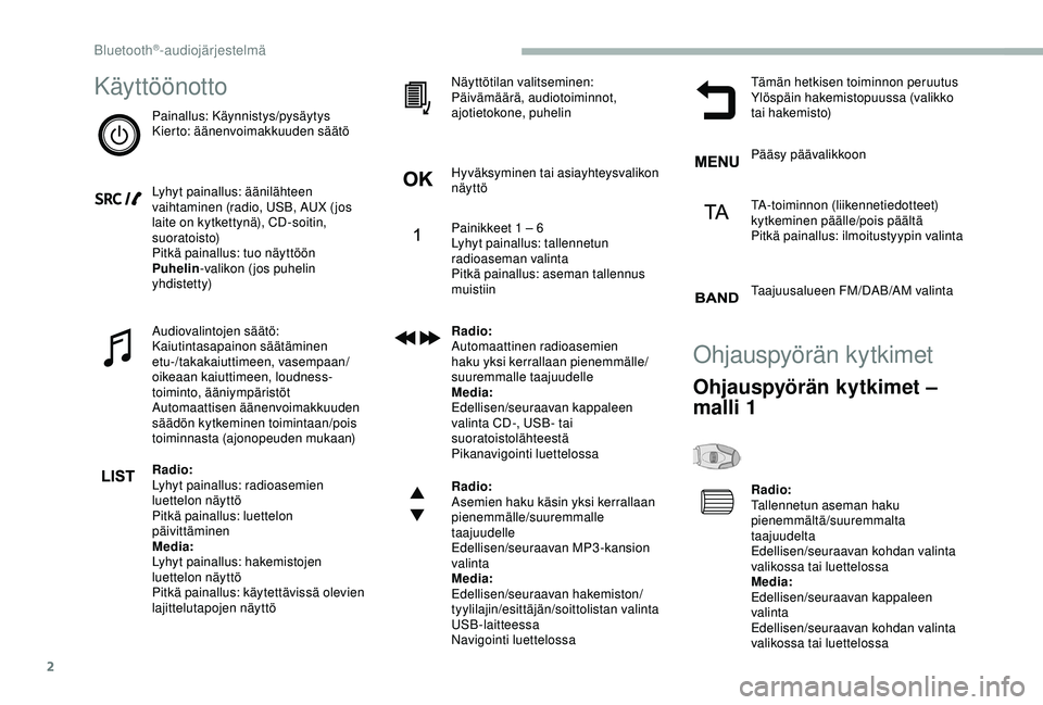 CITROEN BERLINGO VAN 2019 Omistajan Käsikirjat (in Finnish) 2
Käyttöönotto
Painallus: Käynnistys/pysäytys
Kierto: äänenvoimakkuuden säätö
Lyhyt painallus: äänilähteen
vaihtaminen (radio, USB, AUX ( jos
laite on kytkettynä), CD-soitin,
suoratoi CITROEN BERLINGO VAN 2019 Omistajan Käsikirjat (in Finnish) 2
Käyttöönotto
Painallus: Käynnistys/pysäytys
Kierto: äänenvoimakkuuden säätö
Lyhyt painallus: äänilähteen
vaihtaminen (radio, USB, AUX ( jos
laite on kytkettynä), CD-soitin,
suoratoi