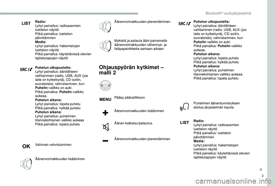 CITROEN BERLINGO VAN 2019  Omistajan Käsikirjat (in Finnish) 3
Radio:
Lyhyt painallus: radioasemien 
luettelon näyttö
Pitkä painallus: luettelon 
päivittäminen
Media:
Lyhyt painallus: hakemistojen 
luettelon näyttö
Pitkä painallus: käytettävissä olev