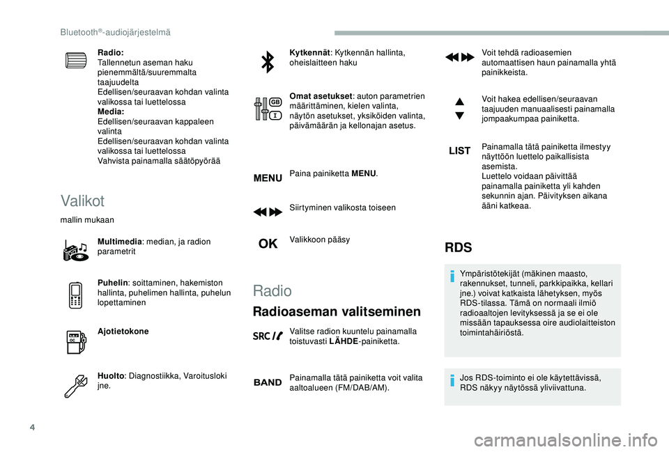CITROEN BERLINGO VAN 2019  Omistajan Käsikirjat (in Finnish) 4
Radio:
Tallennetun aseman haku 
pienemmältä/suuremmalta 
taajuudelta
Edellisen/seuraavan kohdan valinta 
valikossa tai luettelossa
Media:
Edellisen/seuraavan kappaleen 
valinta
Edellisen/seuraavan