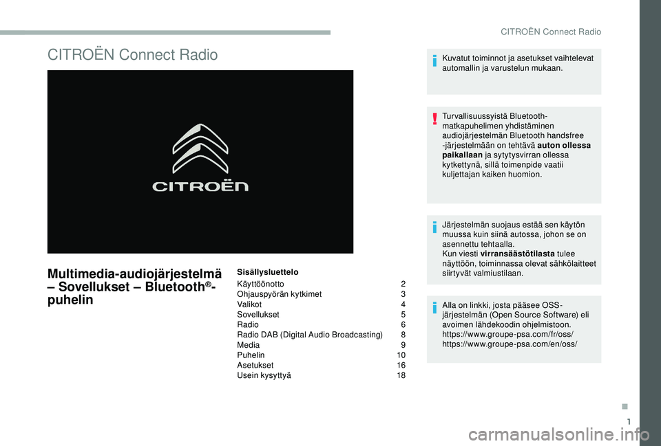 CITROEN BERLINGO VAN 2019  Omistajan Käsikirjat (in Finnish) 1
CITROËN Connect Radio
Multimedia-audiojärjestelmä 
– Sovellukset – Bluetooth®-
puhelin
Sisällysluettelo
Käyttöönotto
 2
O

hjauspyörän kytkimet
 3
V

alikot
 4
S

ovellukset   5
Radio
