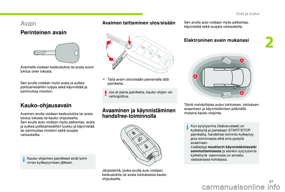 CITROEN BERLINGO VAN 2019 Omistajan Käsikirjat (in Finnish) 37
Avain
Perinteinen avain
Avaimella voidaan keskuslukita tai avata auton
lukitus oven lukosta.
Sen avulla voidaan myös avata ja sulkea
polttoainesäiliön tulppa sekä käynnistää ja
sammuttaa CITROEN BERLINGO VAN 2019 Omistajan Käsikirjat (in Finnish) 37
Avain
Perinteinen avain
Avaimella voidaan keskuslukita tai avata auton
lukitus oven lukosta.
Sen avulla voidaan myös avata ja sulkea
polttoainesäiliön tulppa sekä käynnistää ja
sammuttaa