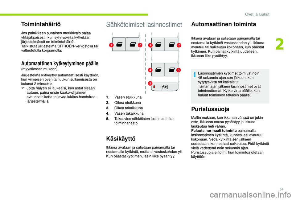 CITROEN BERLINGO VAN 2019 Omistajan Käsikirjat (in Finnish) 51
Sähkötoimiset lasinnostimet
1.Vasen etuikkuna
2. Oikea etuikkuna
3. Oikea takaikkuna
4. Vasen takaikkuna
5. Takaovien sähköisten lasinnostimien
toiminnanesto
Käsikäyttö
Ikkuna avataan ja su CITROEN BERLINGO VAN 2019 Omistajan Käsikirjat (in Finnish) 51
Sähkötoimiset lasinnostimet
1.Vasen etuikkuna
2. Oikea etuikkuna
3. Oikea takaikkuna
4. Vasen takaikkuna
5. Takaovien sähköisten lasinnostimien
toiminnanesto
Käsikäyttö
Ikkuna avataan ja su