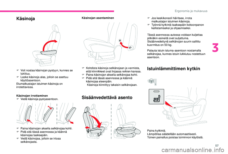 CITROEN BERLINGO VAN 2019 Omistajan Käsikirjat (in Finnish) 57
Käsinoja
F Voit nostaa käsinojan pystyyn, kunnes se lukittuu.
F
L
aske käsinoja alas, jolloin se asettuu
käyttöasentoon.
Etumatkustajan istuimen käsinoja on
irrotettavissa.
Käsinojan ir CITROEN BERLINGO VAN 2019 Omistajan Käsikirjat (in Finnish) 57
Käsinoja
F Voit nostaa käsinojan pystyyn, kunnes se lukittuu.
F
L
aske käsinoja alas, jolloin se asettuu
käyttöasentoon.
Etumatkustajan istuimen käsinoja on
irrotettavissa.
Käsinojan ir