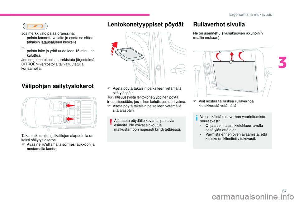 CITROEN BERLINGO VAN 2019  Omistajan Käsikirjat (in Finnish) 67
Välipohjan säilytyslokerot
Jos merkkivalo palaa oranssina:
- p oista kannettava laite ja aseta se sitten 
takaisin latausalueen keskelle.
tai
-
 
p
 oista laite ja yritä uudelleen 15   minuutin 