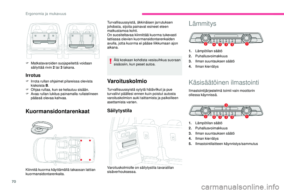 CITROEN BERLINGO VAN 2019 Omistajan Käsikirjat (in Finnish) 70
Irrotus
F Irrota rullan ohjaimet pilareissa olevista kiskoista B .
F
O
hjaa rullaa, kun se kelautuu sisään.
F
A
vaa rullan lukitus painamalla rullatelineen
päässä olevaa kahvaa.
Kuorman CITROEN BERLINGO VAN 2019 Omistajan Käsikirjat (in Finnish) 70
Irrotus
F Irrota rullan ohjaimet pilareissa olevista kiskoista B .
F
O
hjaa rullaa, kun se kelautuu sisään.
F
A
vaa rullan lukitus painamalla rullatelineen
päässä olevaa kahvaa.
Kuorman