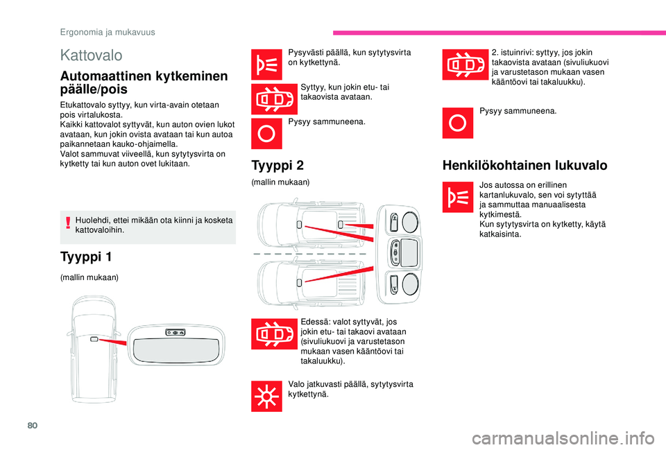 CITROEN BERLINGO VAN 2019  Omistajan Käsikirjat (in Finnish) 80
Kattovalo
Automaattinen kytkeminen 
päälle/poisHenkilökohtainen lukuvalo
Jos autossa on erillinen 
kartanlukuvalo, sen voi sytyttää 
ja sammuttaa manuaalisesta 
kytkimestä.
Kun sytytysvirta o