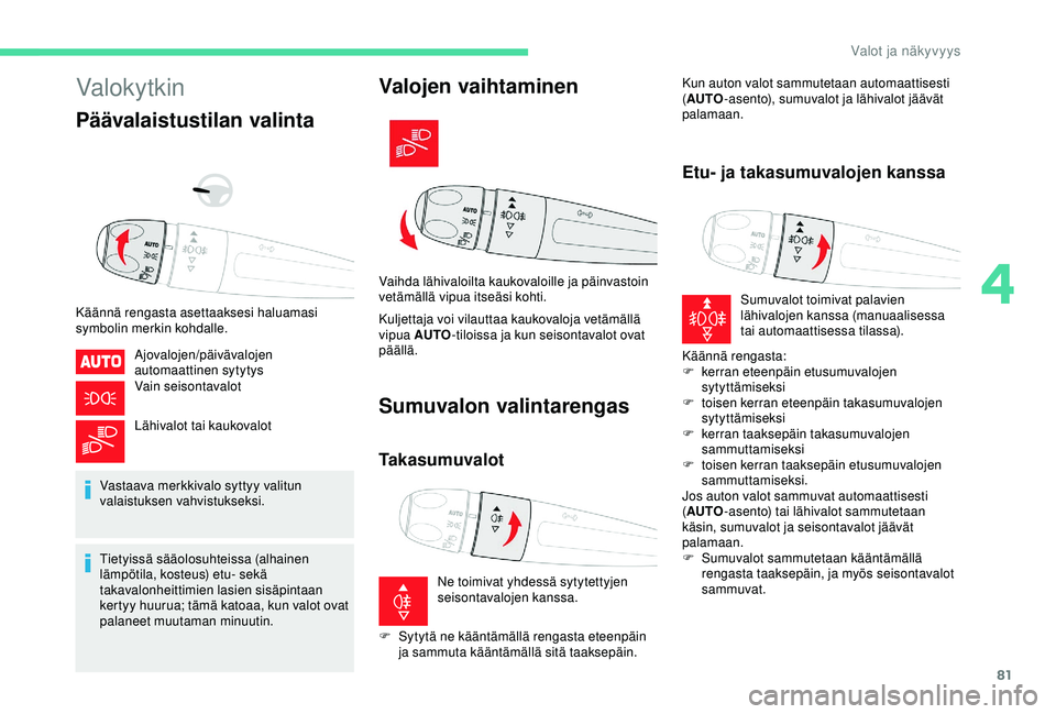 CITROEN BERLINGO VAN 2019  Omistajan Käsikirjat (in Finnish) 81
Valokytkin
Päävalaistustilan valinta
Käännä rengasta asettaaksesi haluamasi 
symbolin merkin kohdalle.Ajovalojen/päivävalojen 
automaattinen sytytys
Vain seisontavalot
Lähivalot tai kaukova