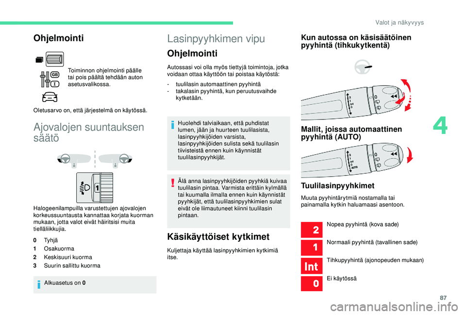 CITROEN BERLINGO VAN 2019  Omistajan Käsikirjat (in Finnish) 87
Ajovalojen suuntauksen 
säätö
Halogeenilampuilla varustettujen ajovalojen 
korkeussuuntausta kannattaa korjata kuorman 
mukaan, jotta valot eivät häiritsisi muita 
tielläliikkujia.
0 Ty h j 