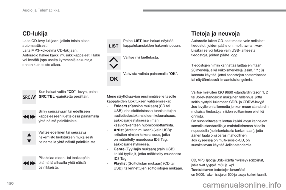CITROEN C-ZERO 2017  Omistajan Käsikirjat (in Finnish) 150
C-Zero_fi_Chap10a_RDE2_ed01-2016
Kun haluat valita "CD" -levyn, paina 
SRC/TEL  -painiketta perättäin.
Siirry seuraavaan tai edelliseen 
kappaleeseen luettelossa painamalla 
yhtä näist