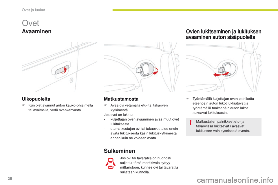 CITROEN C-ZERO 2017 Omistajan Käsikirjat (in Finnish) 28
C-Zero_fi_Chap02_ouvertures_ed01-2016
Ovet
Ulkopuolelta
F Kun olet avannut auton kauko-ohjaimella tai avaimella, vedä ovenkahvasta.
Matkustamosta
F Avaa ovi vetämällä etu- tai takaoven kytkimes CITROEN C-ZERO 2017 Omistajan Käsikirjat (in Finnish) 28
C-Zero_fi_Chap02_ouvertures_ed01-2016
Ovet
Ulkopuolelta
F Kun olet avannut auton kauko-ohjaimella tai avaimella, vedä ovenkahvasta.
Matkustamosta
F Avaa ovi vetämällä etu- tai takaoven kytkimes