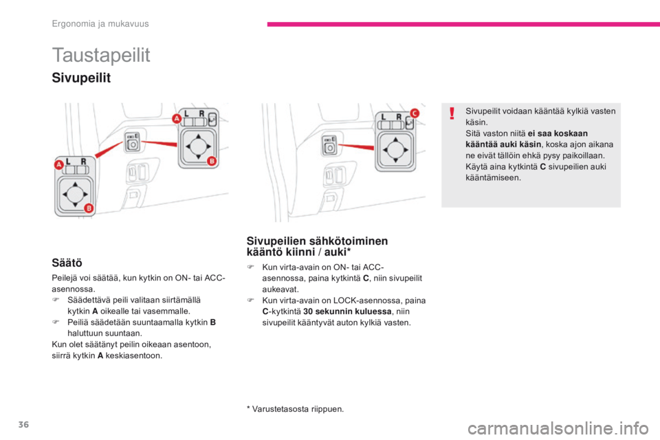 CITROEN C-ZERO 2017 Omistajan Käsikirjat (in Finnish) 36
C-Zero_fi_Chap03_ergonomie-et-confort_ed01-2016
Taustapeilit
Säätö
Peilejä voi säätää, kun kytkin on ON- tai ACC-
asennossa.
F
S
äädettävä peili valitaan siirtämällä
kytkin
A oi CITROEN C-ZERO 2017 Omistajan Käsikirjat (in Finnish) 36
C-Zero_fi_Chap03_ergonomie-et-confort_ed01-2016
Taustapeilit
Säätö
Peilejä voi säätää, kun kytkin on ON- tai ACC-
asennossa.
F
S
äädettävä peili valitaan siirtämällä
kytkin
A oi