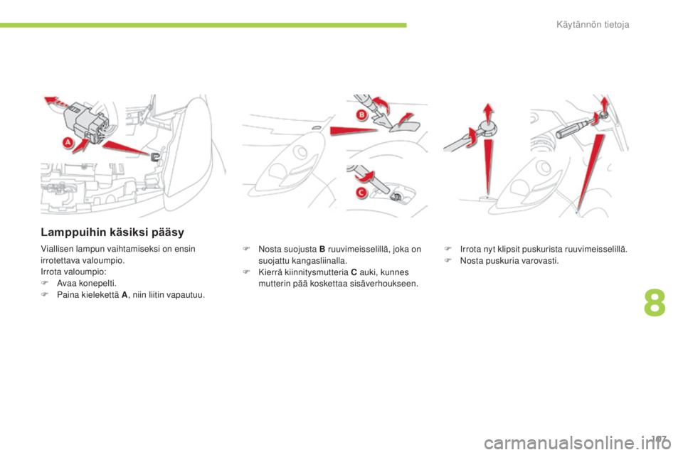 CITROEN C-ZERO 2016  Omistajan Käsikirjat (in Finnish) 107
C-zero_fi_Chap08_info-pratiques_ed01-2014
F Nosta suojusta B ruuvimeisselillä, joka on suojattu kangasliinalla.
F
 
K
 ierrä kiinnitysmutteria C auki, kunnes 
mutterin pää koskettaa sisäverho
