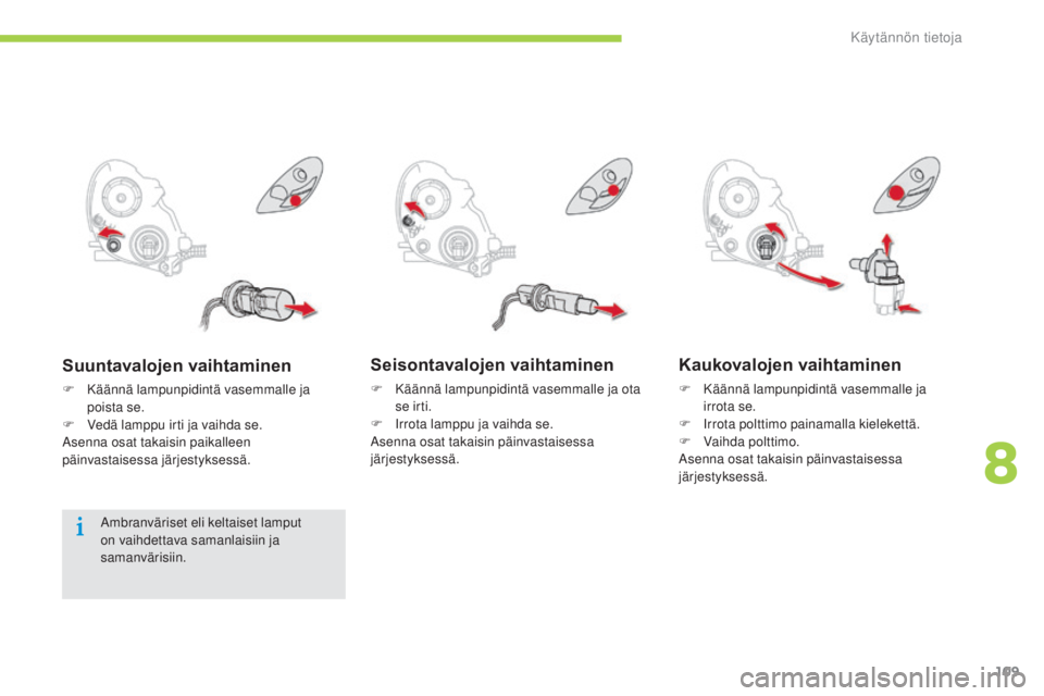 CITROEN C-ZERO 2016 Omistajan Käsikirjat (in Finnish) 109
C-zero_fi_Chap08_info-pratiques_ed01-2014
Seisontavalojen vaihtaminen
F Käännä lampunpidintä vasemmalle ja ota se irti.
F
i
r
rota lamppu ja vaihda se.
as
enna osat takaisin päinvastaises CITROEN C-ZERO 2016 Omistajan Käsikirjat (in Finnish) 109
C-zero_fi_Chap08_info-pratiques_ed01-2014
Seisontavalojen vaihtaminen
F Käännä lampunpidintä vasemmalle ja ota se irti.
F
i
r
rota lamppu ja vaihda se.
as
enna osat takaisin päinvastaises