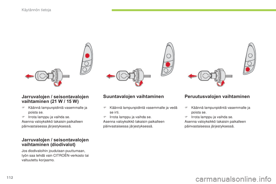 CITROEN C-ZERO 2016 Omistajan Käsikirjat (in Finnish) 112
C-zero_fi_Chap08_info-pratiques_ed01-2014
Suuntavalojen vaihtaminen
Jarruvalojen / seisontavalojen
vaihtaminen (diodivalot)
jos diodivaloihin joudutaan puuttumaan,
työn saa tehdä vain Ci troË CITROEN C-ZERO 2016 Omistajan Käsikirjat (in Finnish) 112
C-zero_fi_Chap08_info-pratiques_ed01-2014
Suuntavalojen vaihtaminen
Jarruvalojen / seisontavalojen
vaihtaminen (diodivalot)
jos diodivaloihin joudutaan puuttumaan,
työn saa tehdä vain Ci troË