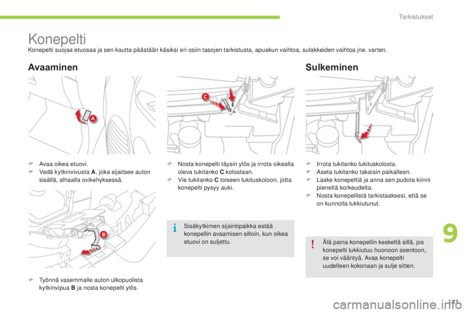 CITROEN C-ZERO 2016  Omistajan Käsikirjat (in Finnish) 123
C-zero_fi_Chap09_verifications_ed01-2014
KonepeltiKonepelti suojaa etuosaa ja sen kautta päästään käsiksi eri osiin tasojen tarkistusta, apuakun vaihtoa, sulakkeiden vaihtoa jne. varten.
F  t
