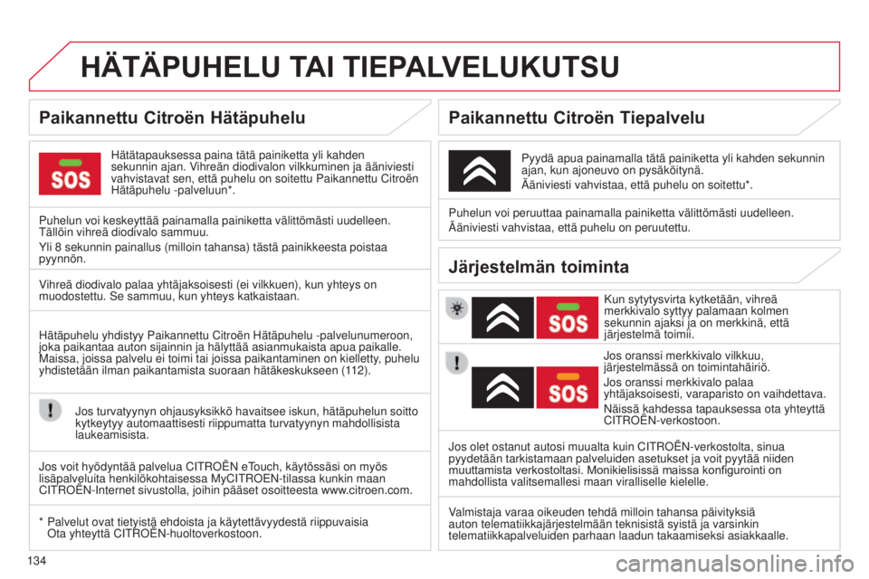 CITROEN C-ZERO 2016 Omistajan Käsikirjat (in Finnish) 134
C-zero_fi_Chap11a_BTA_ed01-2014
HäTäPUHELU TAI TIEPALVELUKUTSU
hätätapauksessa paina tätä painiketta yli kahden
sekunnin ajan. V ihreän diodivalon vilkkuminen ja ääniviesti
vahvistavat CITROEN C-ZERO 2016 Omistajan Käsikirjat (in Finnish) 134
C-zero_fi_Chap11a_BTA_ed01-2014
HäTäPUHELU TAI TIEPALVELUKUTSU
hätätapauksessa paina tätä painiketta yli kahden
sekunnin ajan. V ihreän diodivalon vilkkuminen ja ääniviesti
vahvistavat