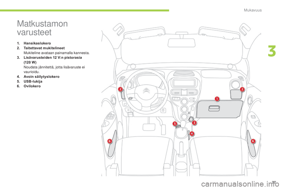 CITROEN C-ZERO 2016 Omistajan Käsikirjat (in Finnish) 37
C-zero_fi_Chap03_confort_ed01-2014
Matkustamon
varusteet
1. Hansikaslokero
2. Taitettavat mukitelineet
M
ukiteline avataan painamalla kannesta.
3.
L
isävarusteiden 12 V:n pistorasia
(12 CITROEN C-ZERO 2016 Omistajan Käsikirjat (in Finnish) 37
C-zero_fi_Chap03_confort_ed01-2014
Matkustamon
varusteet
1. Hansikaslokero
2. Taitettavat mukitelineet
M
ukiteline avataan painamalla kannesta.
3.
L
isävarusteiden 12 V:n pistorasia
(12