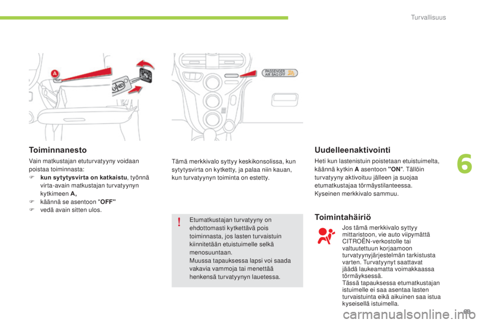 CITROEN C-ZERO 2016 Omistajan Käsikirjat (in Finnish) 69
C-zero_fi_Chap06_securite_ed01-2014
Toiminnanesto
Vain matkustajan etuturvatyyny voidaan
poistaa toiminnasta:
F
k
un sytytysvir ta on katkaistu , työnnä
virta-avain matkustajan turvatyynyn
k CITROEN C-ZERO 2016 Omistajan Käsikirjat (in Finnish) 69
C-zero_fi_Chap06_securite_ed01-2014
Toiminnanesto
Vain matkustajan etuturvatyyny voidaan
poistaa toiminnasta:
F
k
un sytytysvir ta on katkaistu , työnnä
virta-avain matkustajan turvatyynyn
k